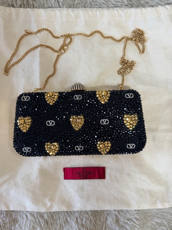 Valentino Handbags - Valentino Black and Gold Crystal Heart Evening Clutch with Chain